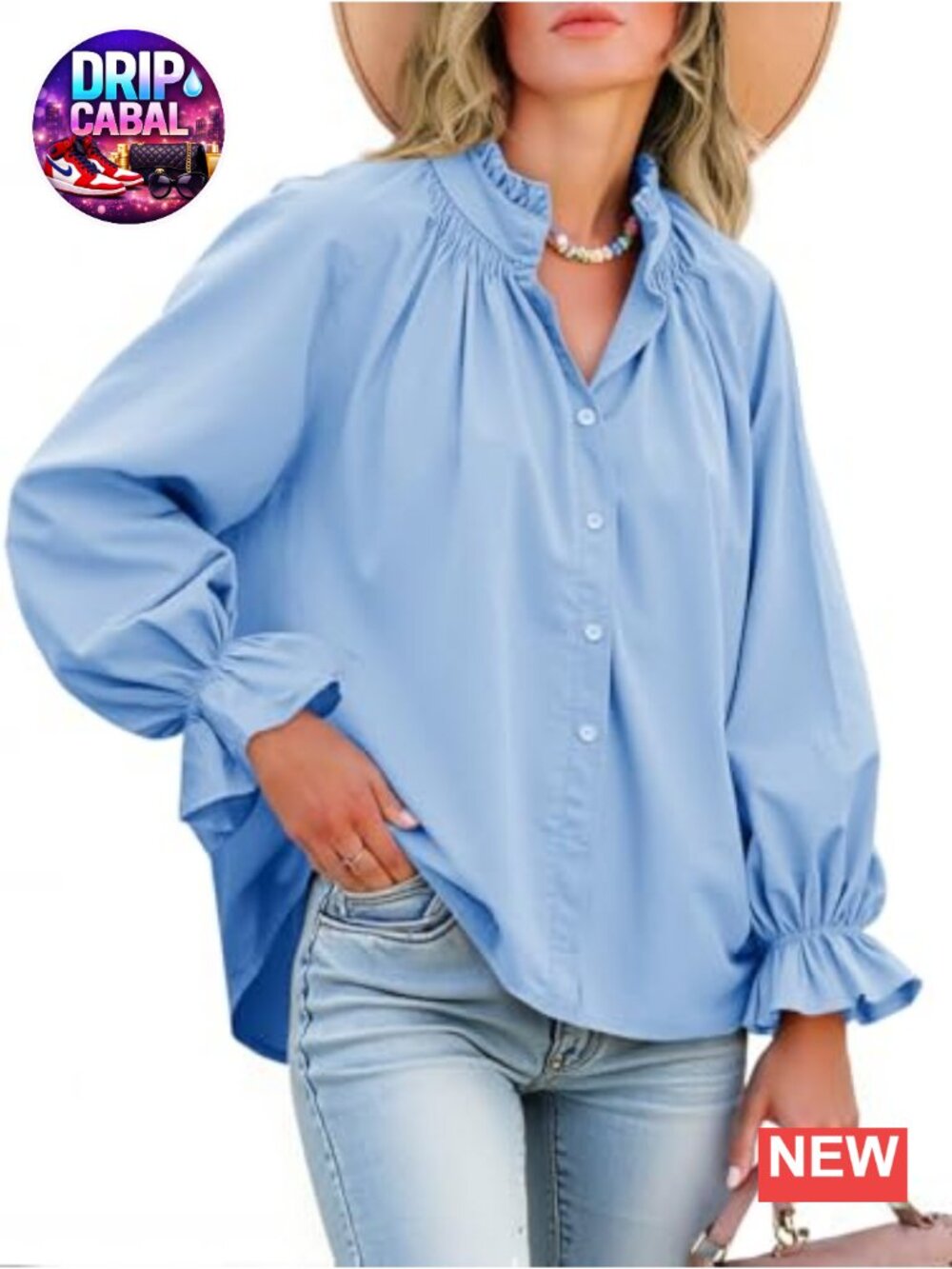 Womens Puff Long Sleeve Button Down Blouse 100% Cotton V-Neck Oversized Top